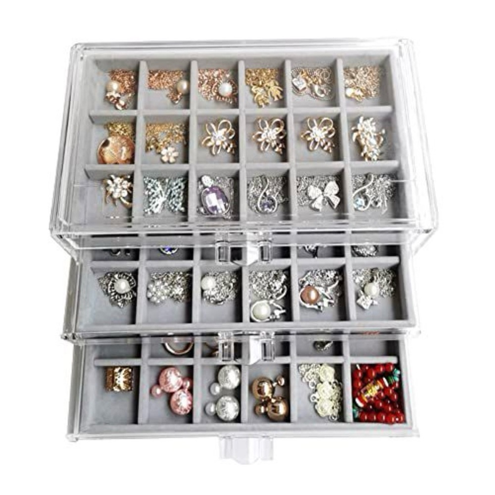Clear acrylic 3-Tier Jewelry or beads Organizer Box with Gray Velvet Trays